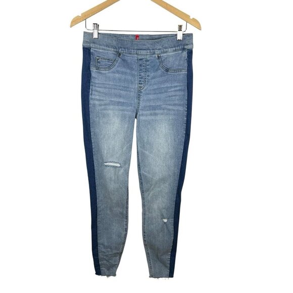 SPANX Jeans Women's Large Blue Two Tone Distressed Ankle Skinny Pull On jeans - Picture 1 of 11